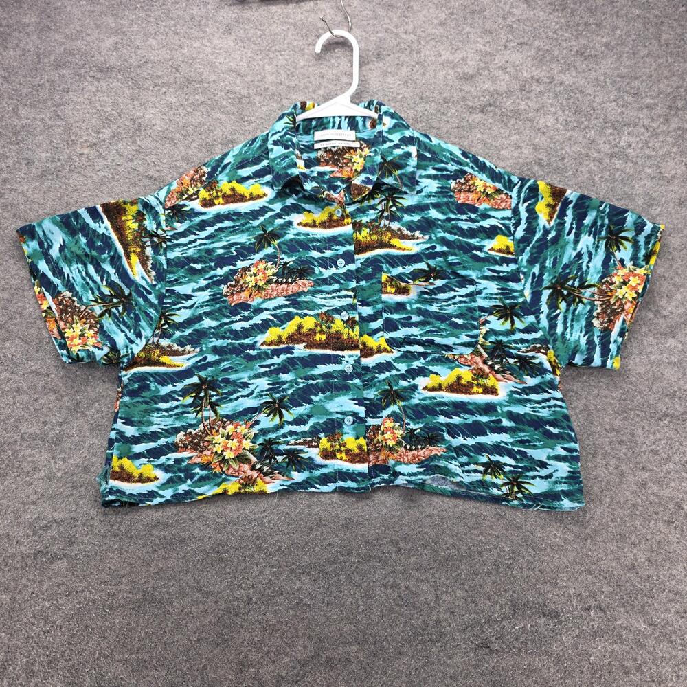 Urban Outfitters Shirt Womens Small Blue Green Hawaiian Aloha Camp Cropped Boxy